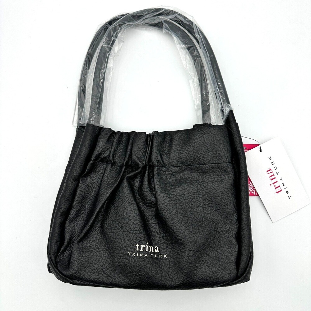 Trina Turk Purse Black Shoulder‎ Handbag Gathered Tote Strap Leather